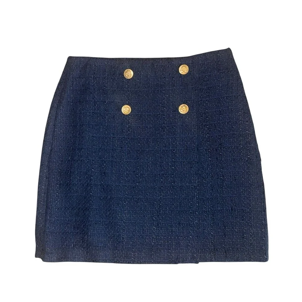 Loft Ann Taylor Navy Blue Tweed Gold Buttons Mini Pencil Skirt Lined Size 6